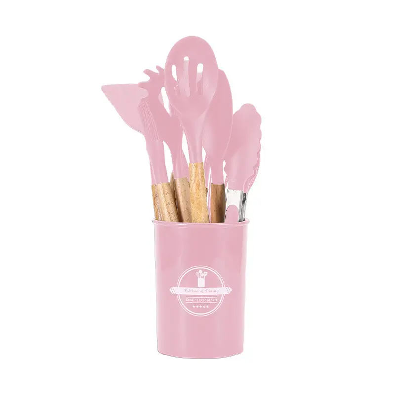 Cross-Border Silicone Kitchenware 12-Piece Kitchen Non-Stick Cooking Spatula Scraper Wooden Handle Barrel Kitchen Tool Set