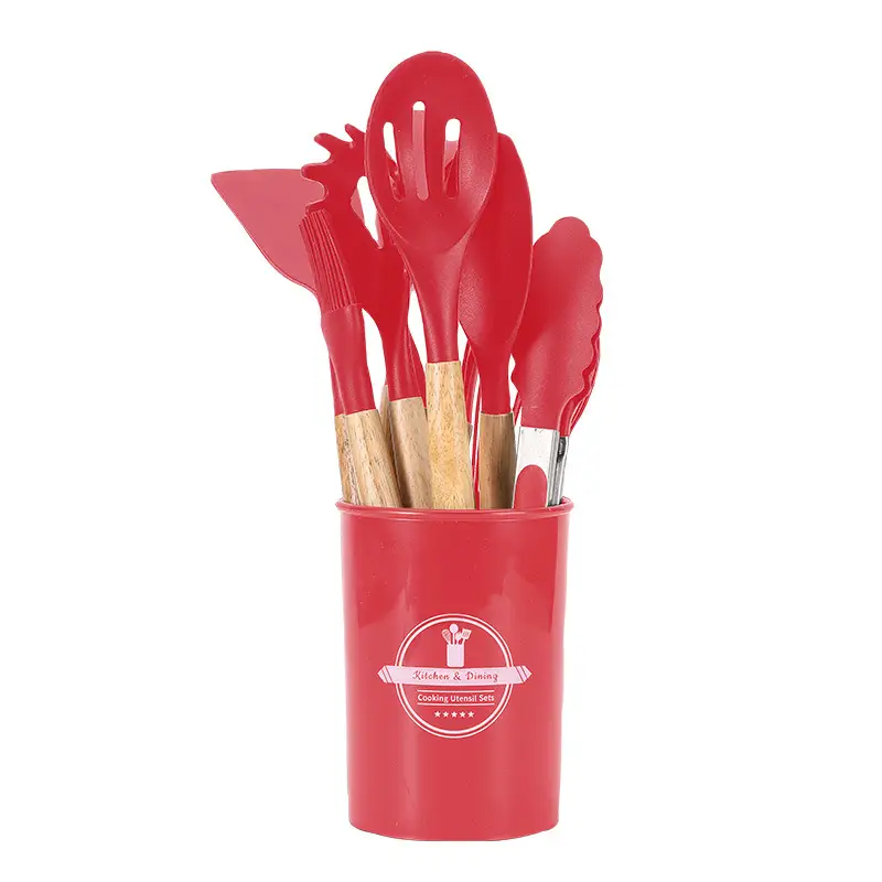 Cross-Border Silicone Kitchenware 12-Piece Kitchen Non-Stick Cooking Spatula Scraper Wooden Handle Barrel Kitchen Tool Set