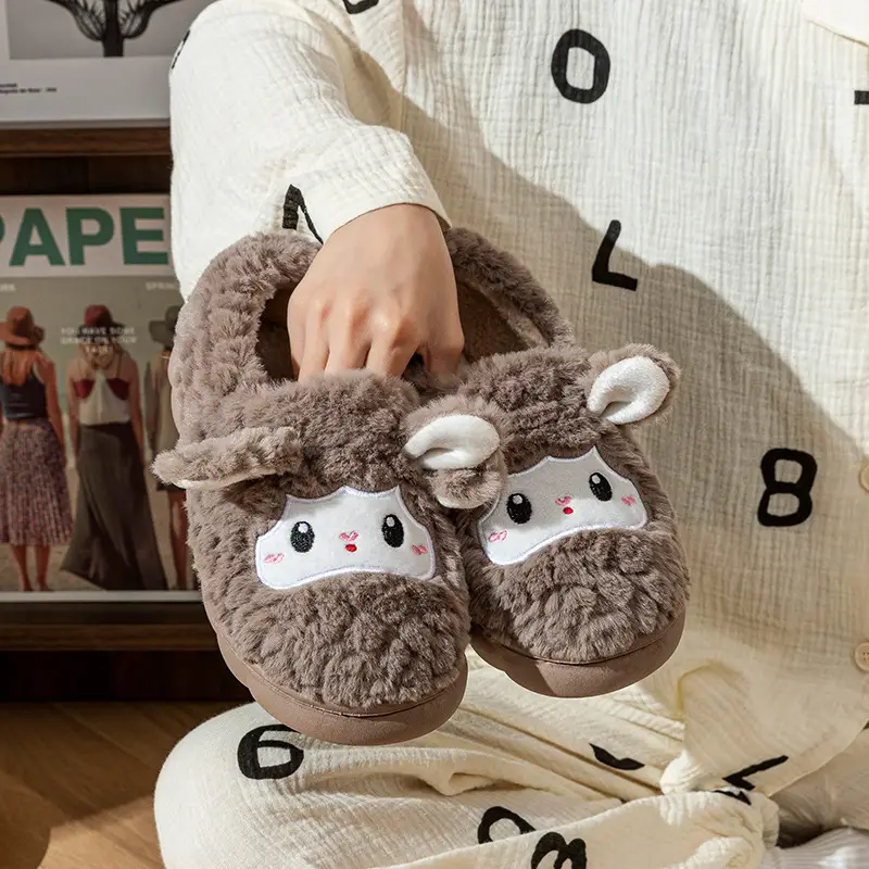 Women's Winter 2025 New Indoor Home Warm Thick-Soled Non-Slip Cute Little Sheep Heel Cotton Slippers