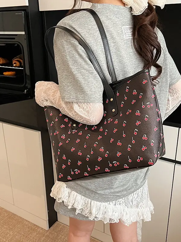 Cute Cherry Print Large Shoulder Bag for Women - Image 4