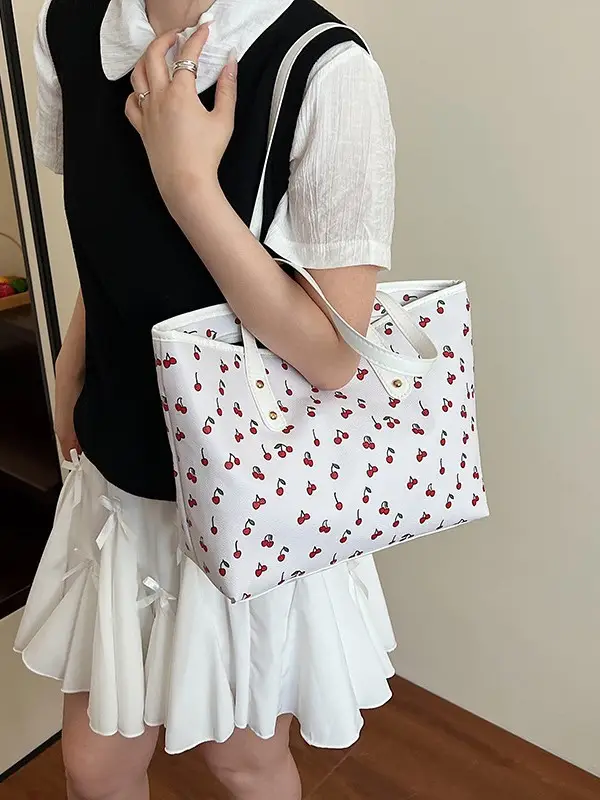 Cute Cherry Print Large Shoulder Bag for Women - Image 6