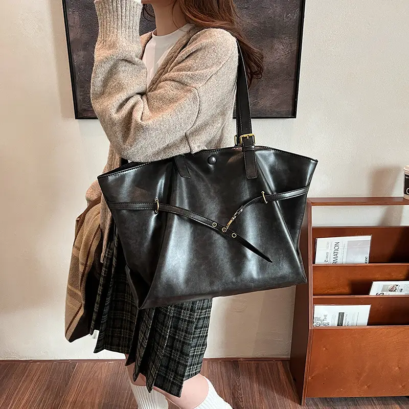 Women Korean Style Large Tote Bag Brown Leather - Image 5
