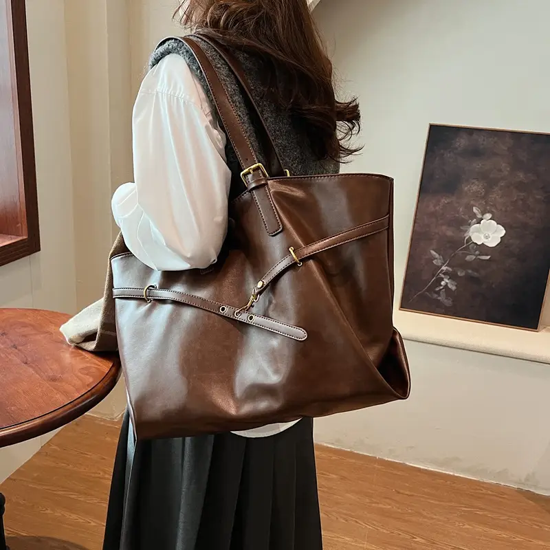 Women Korean Style Large Tote Bag Brown Leather - Image 6