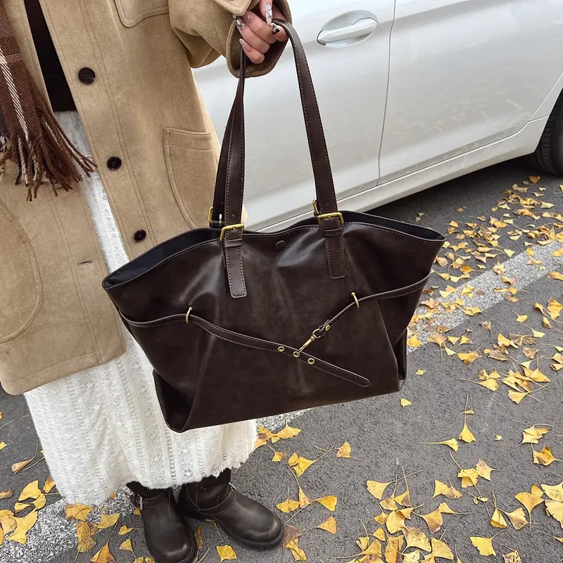 Women Korean Style Large Tote Bag Brown Leather - Image 7