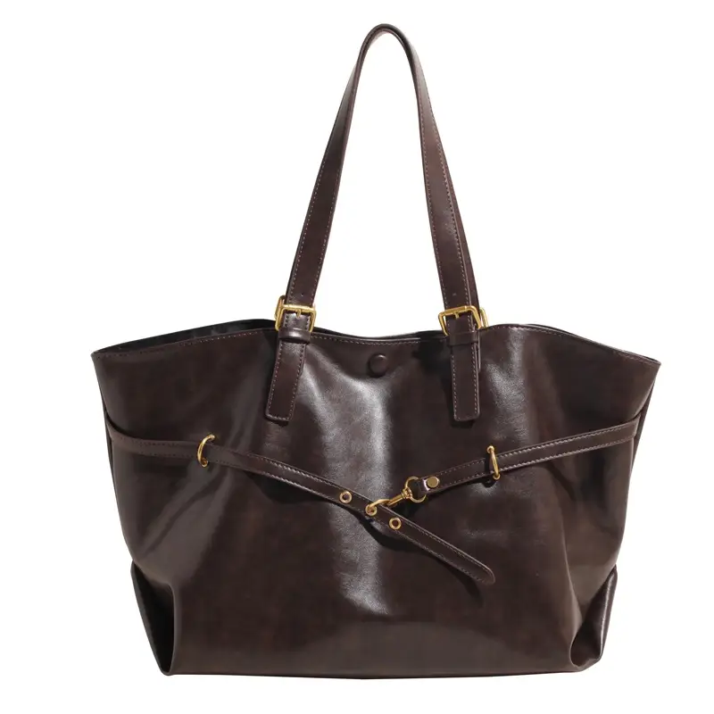 Women Korean Style Large Tote Bag Brown Leather - Image 8