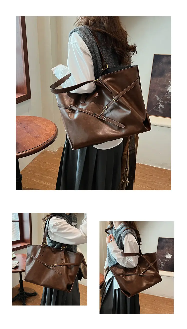 Women Korean Style Large Tote Bag Brown Leather — feature 12