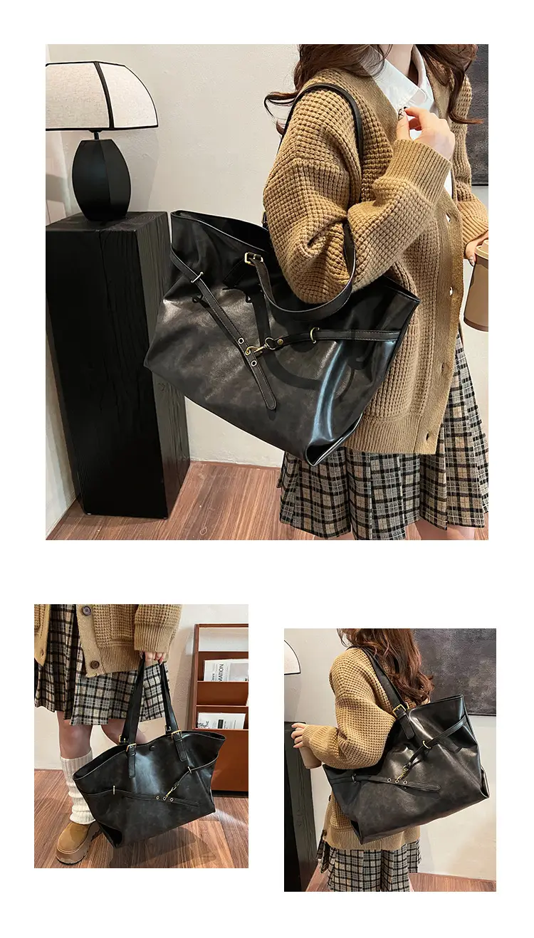 Women Korean Style Large Tote Bag Brown Leather — feature 13