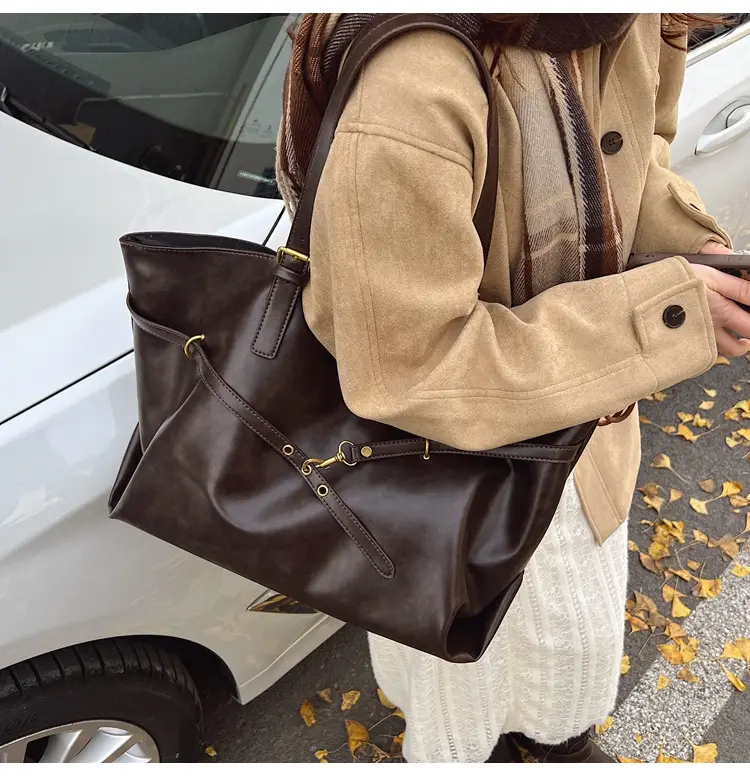 Women Korean Style Large Tote Bag Brown Leather — feature 16