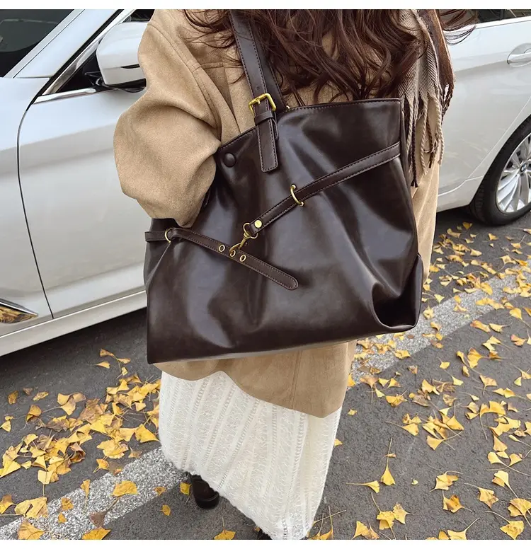 Women Korean Style Large Tote Bag Brown Leather — feature 19