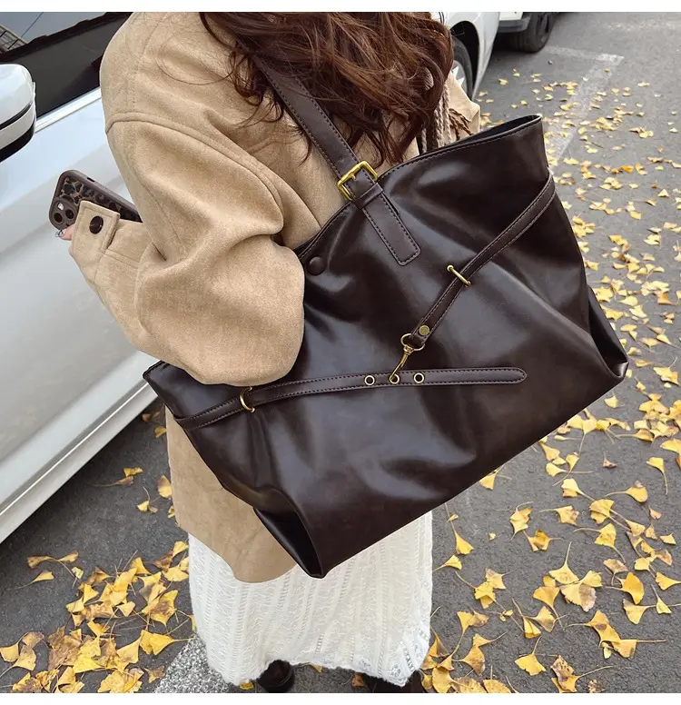 Women Korean Style Large Tote Bag Brown Leather — feature 20
