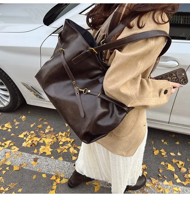Women Korean Style Large Tote Bag Brown Leather — feature 24