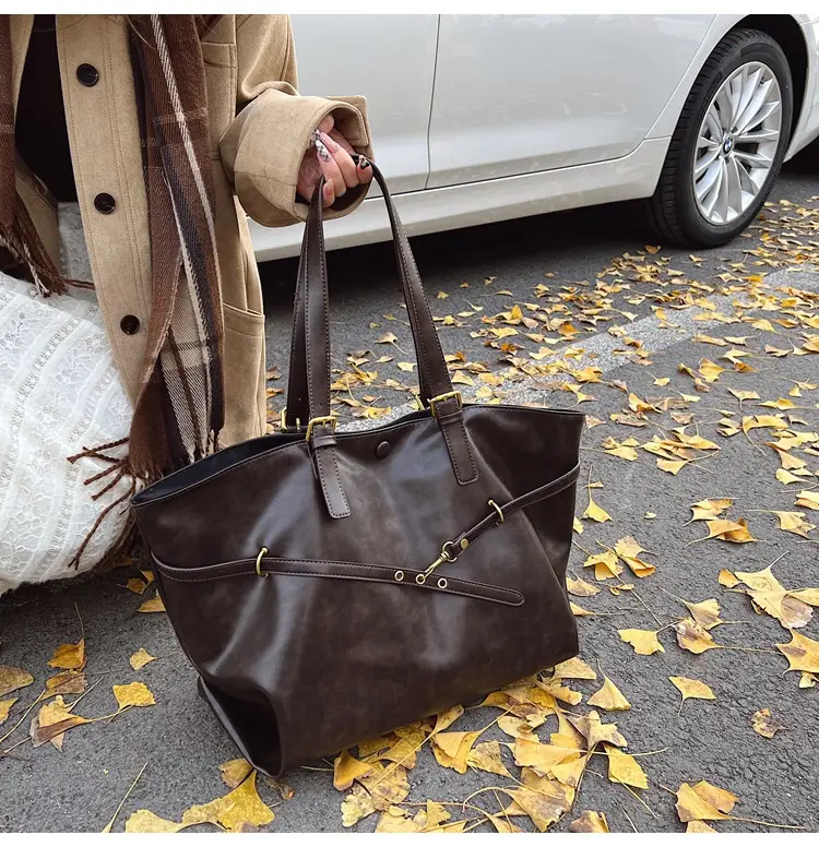Women Korean Style Large Tote Bag Brown Leather — feature 25