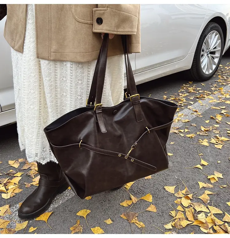 Women Korean Style Large Tote Bag Brown Leather — feature 26