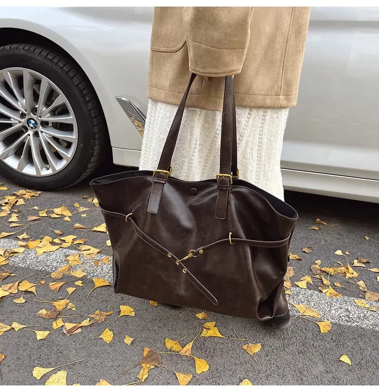 Women Korean Style Large Tote Bag Brown Leather — feature 27