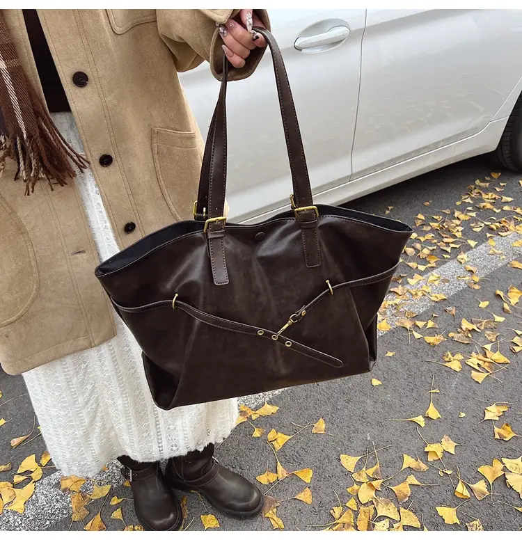 Women Korean Style Large Tote Bag Brown Leather — feature 28