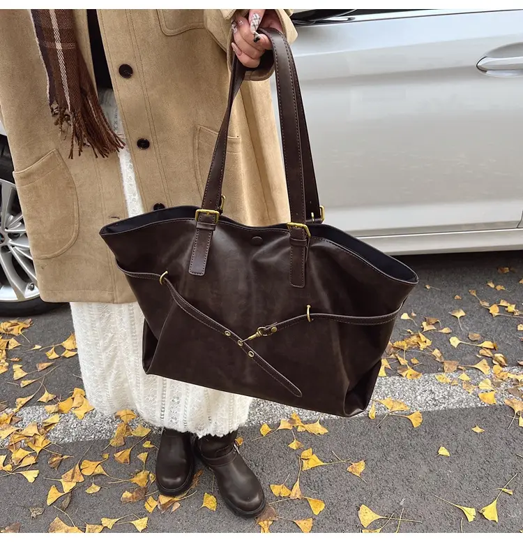 Women Korean Style Large Tote Bag Brown Leather — feature 29