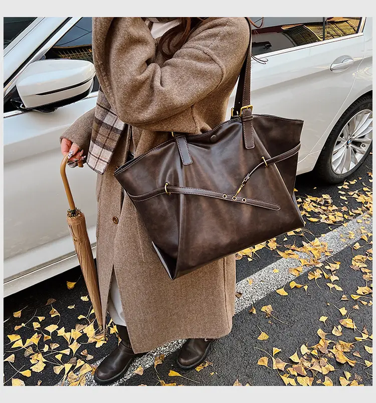 Women Korean Style Large Tote Bag Brown Leather — feature 3