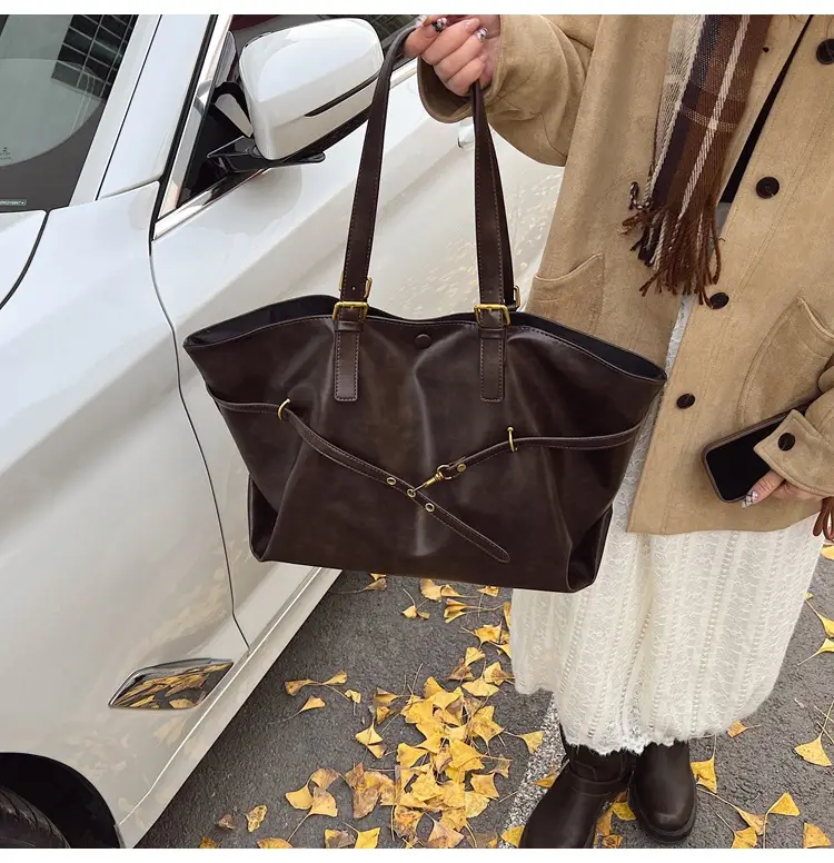 Women Korean Style Large Tote Bag Brown Leather — feature 30