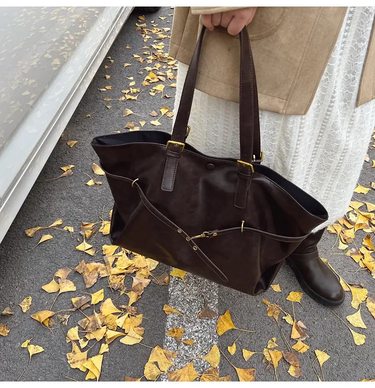 Women Korean Style Large Tote Bag Brown Leather — feature 31