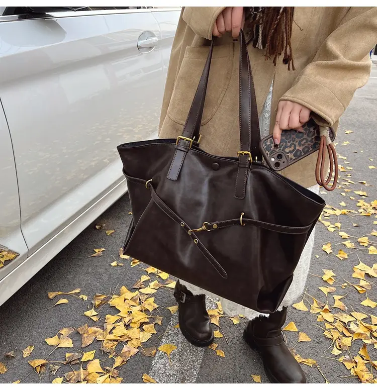 Women Korean Style Large Tote Bag Brown Leather — feature 32