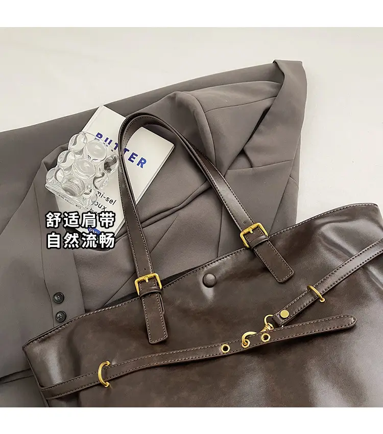 Women Korean Style Large Tote Bag Brown Leather — feature 7