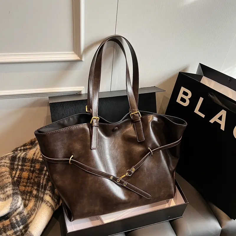 Women Korean Style Large Tote Bag Brown Leather - Image 2