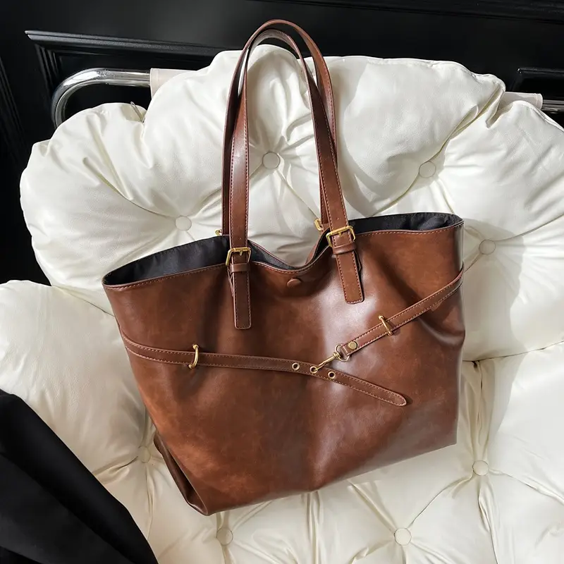 Women Korean Style Large Tote Bag Brown Leather - Image 3