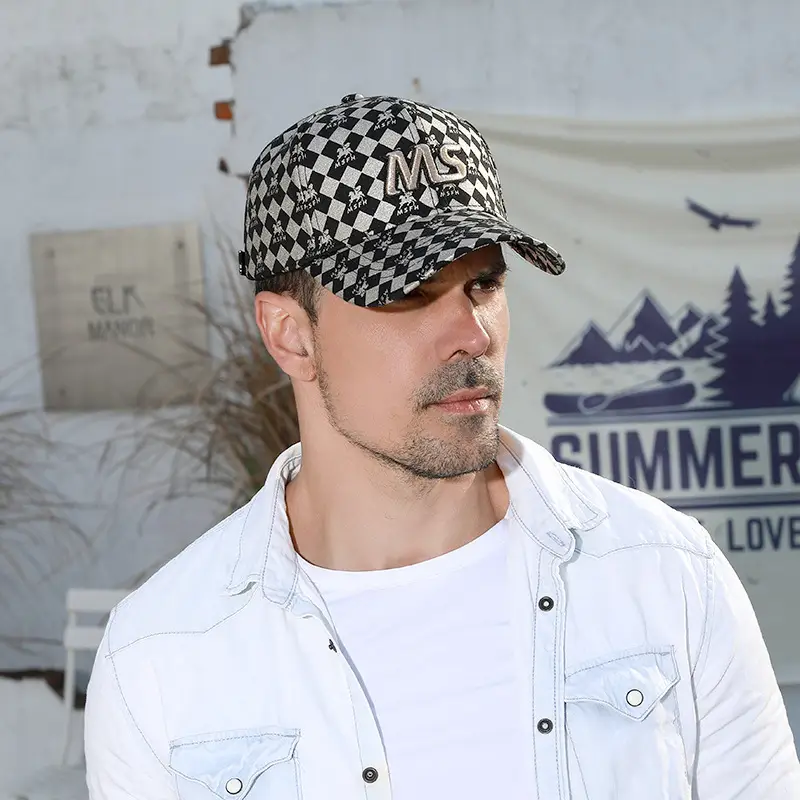 Trending Unisex Baseball Cap with Ms Embroidery & Checkered Print - Image 8