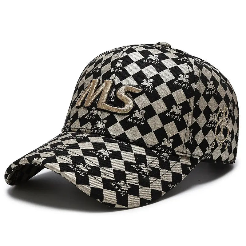 Trending Unisex Baseball Cap with Ms Embroidery & Checkered Print - Image 2