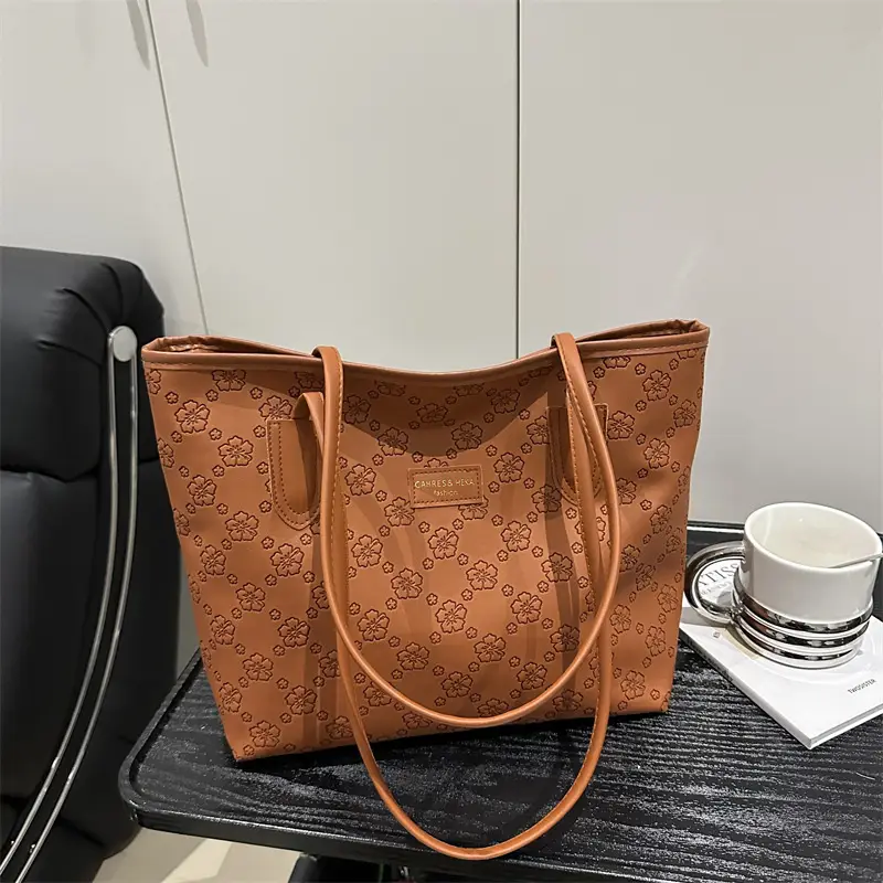 Brown Embossed Flower Tote Bag for Women - Image 6