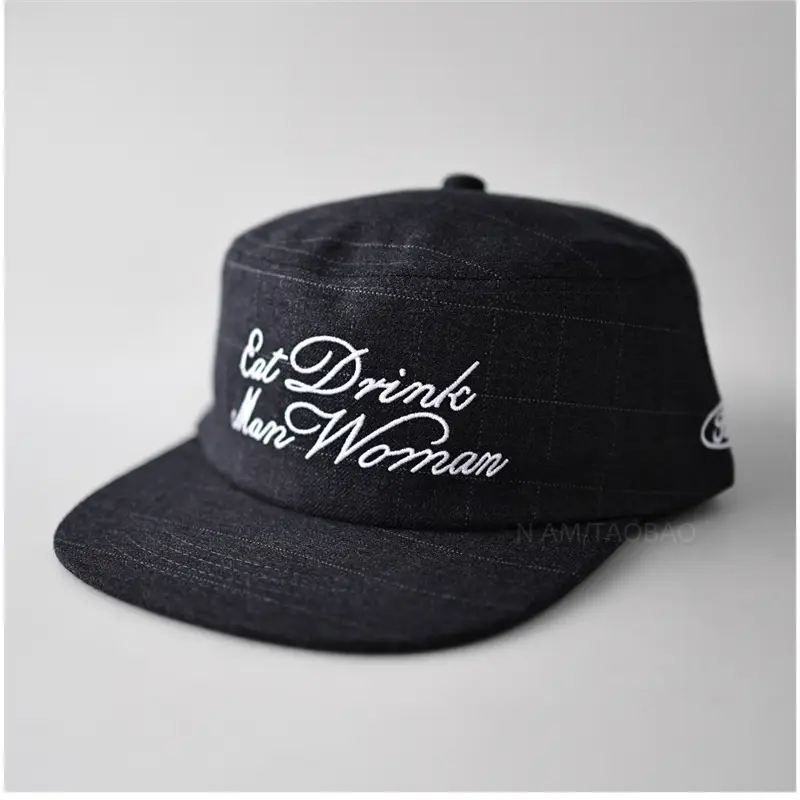 Black Plaid Letter Embroidered Flat Cap Hat