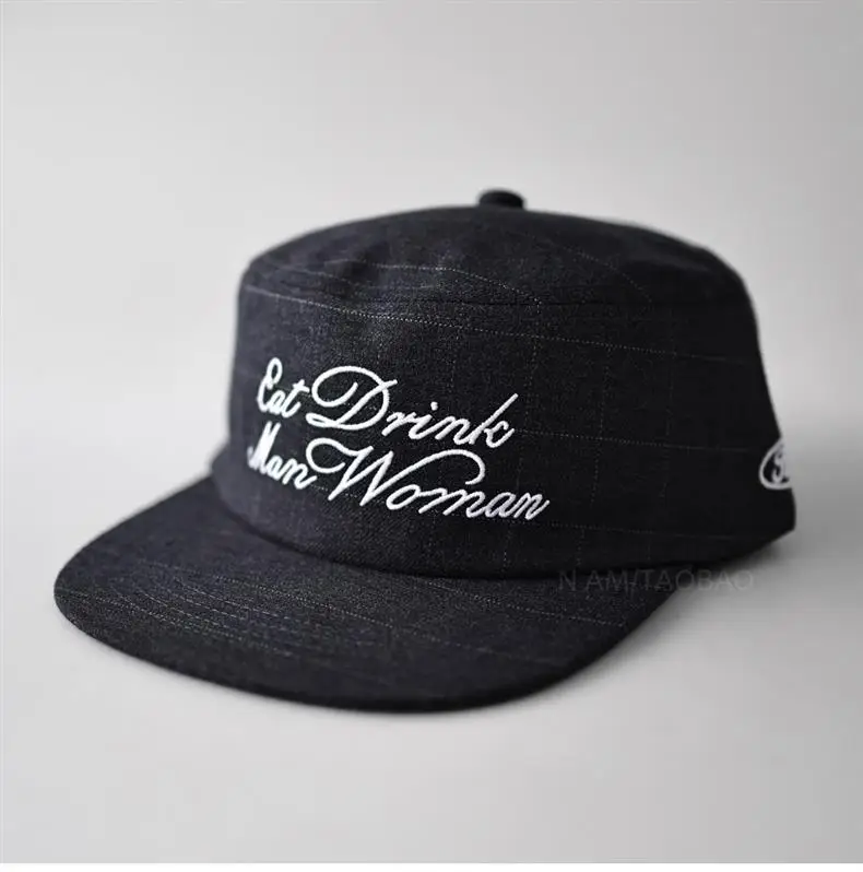 Black Plaid Letter Embroidered Flat Cap Hat — feature 1