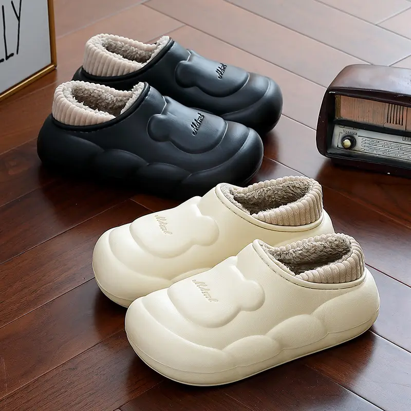 Waterproof Cotton Slippers for Women in Winter Cute Cartoon Bear Home Plush Warm Anti-Slip Bag Heel Cotton Shoes for Men in Winter - Image 4