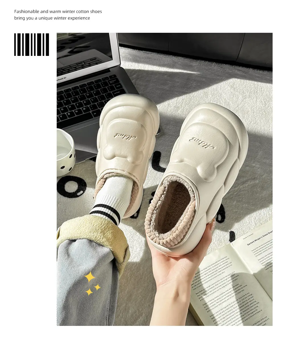 Waterproof Cotton Slippers for Women in Winter Cute Cartoon Bear Home Plush Warm Anti-Slip Bag Heel Cotton Shoes for Men in Winter — feature 11