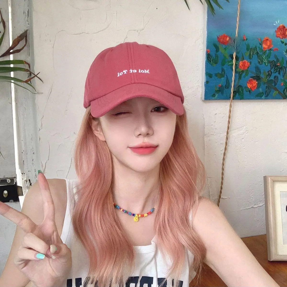 Women Pink Baseball Cap Wig with "Just Fine" Text - Image 4