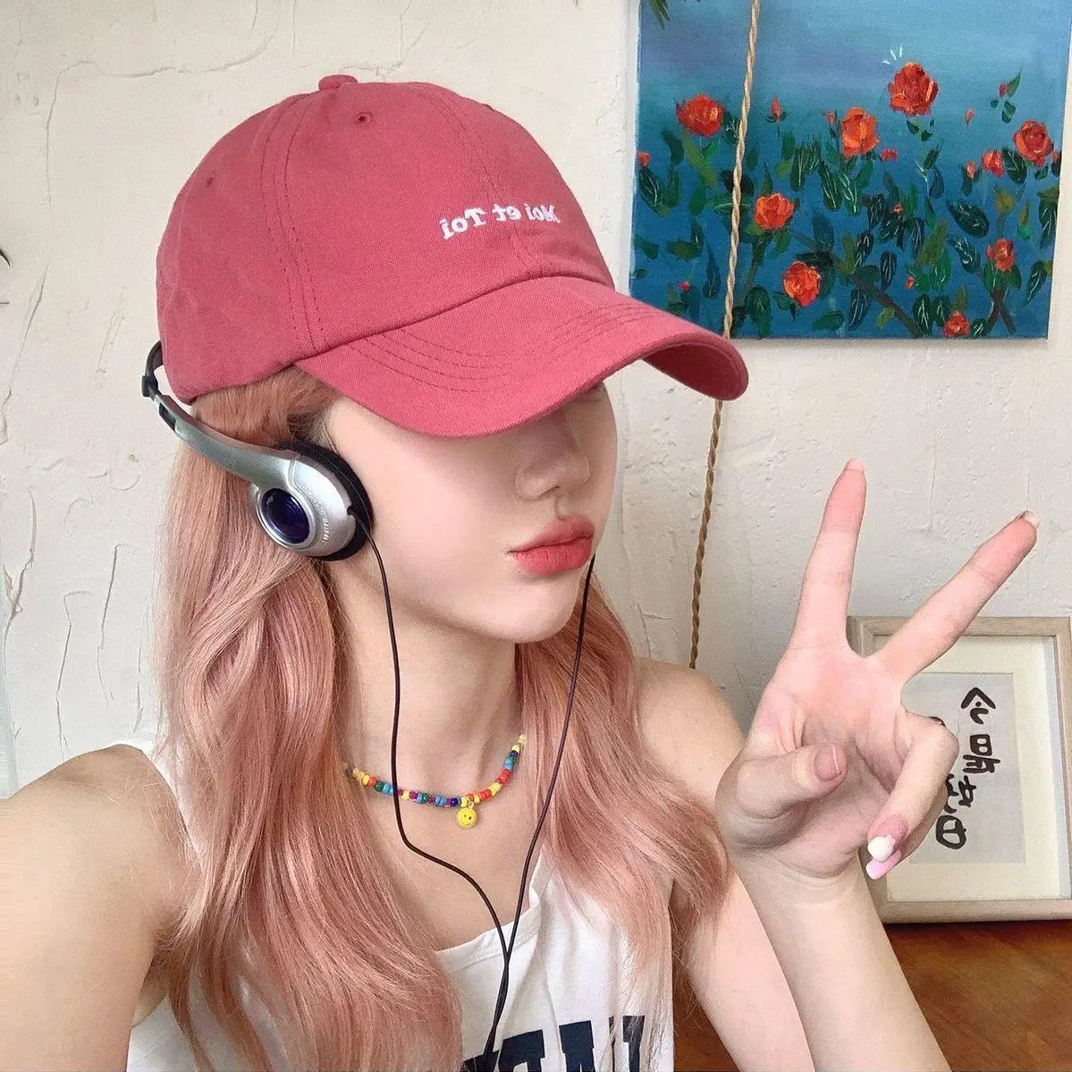 Women Pink Baseball Cap Wig with "Just Fine" Text - Image 5