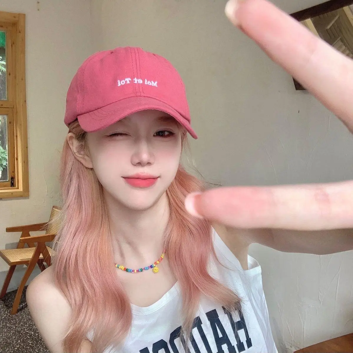 Women Pink Baseball Cap Wig with "Just Fine" Text - Image 6