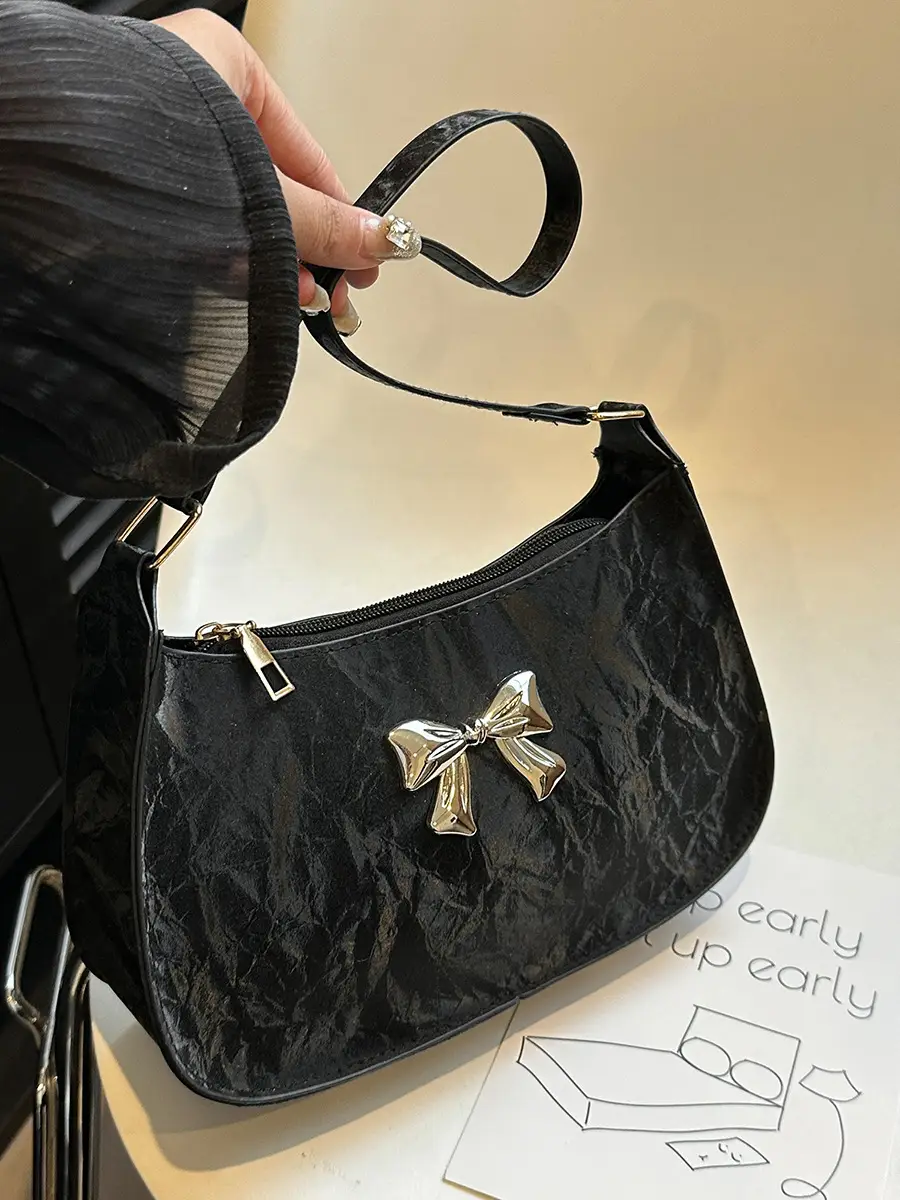 Black Textured Bow Satchel Bag for Women - Image 5