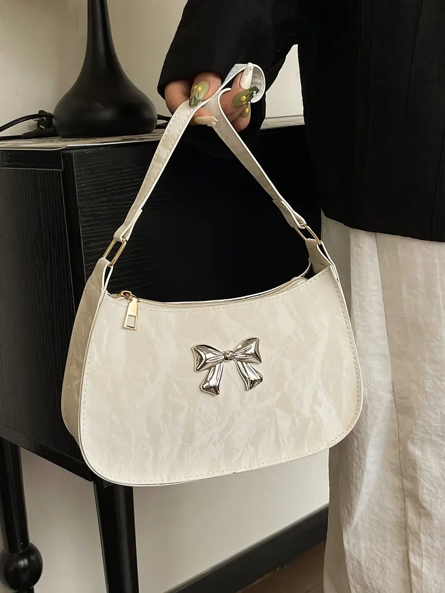 Black Textured Bow Satchel Bag for Women - Image 6