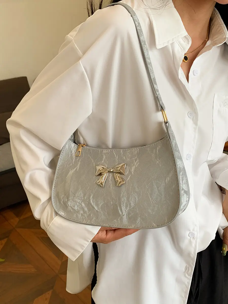 Black Textured Bow Satchel Bag for Women - Image 7