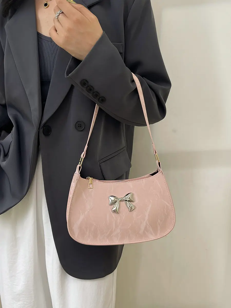 Black Textured Bow Satchel Bag for Women - Image 9