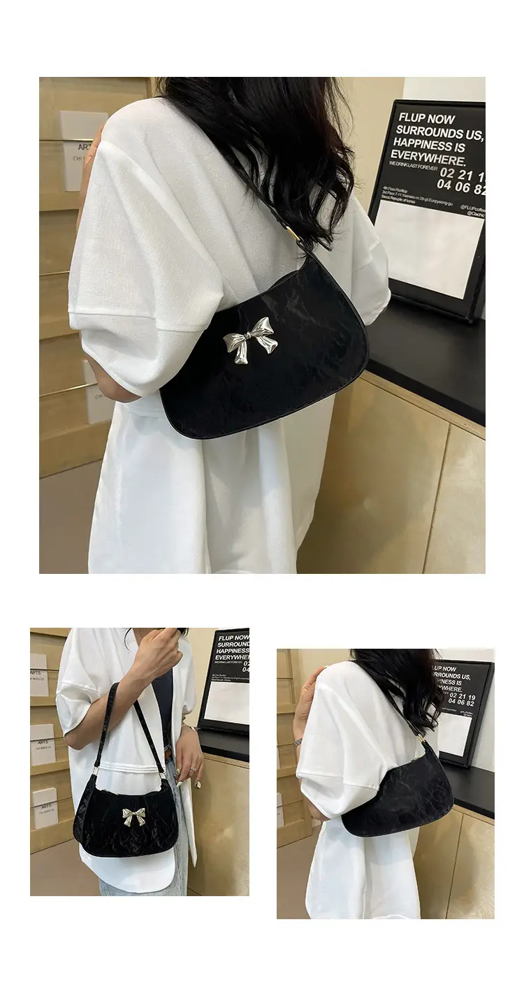 Black Textured Bow Satchel Bag for Women — feature 11