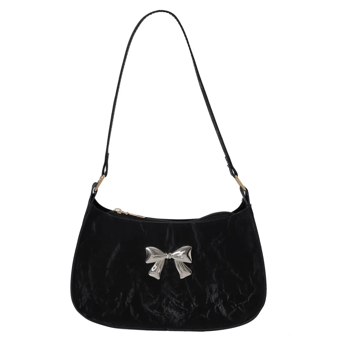 Black Textured Bow Satchel Bag for Women - Image 3