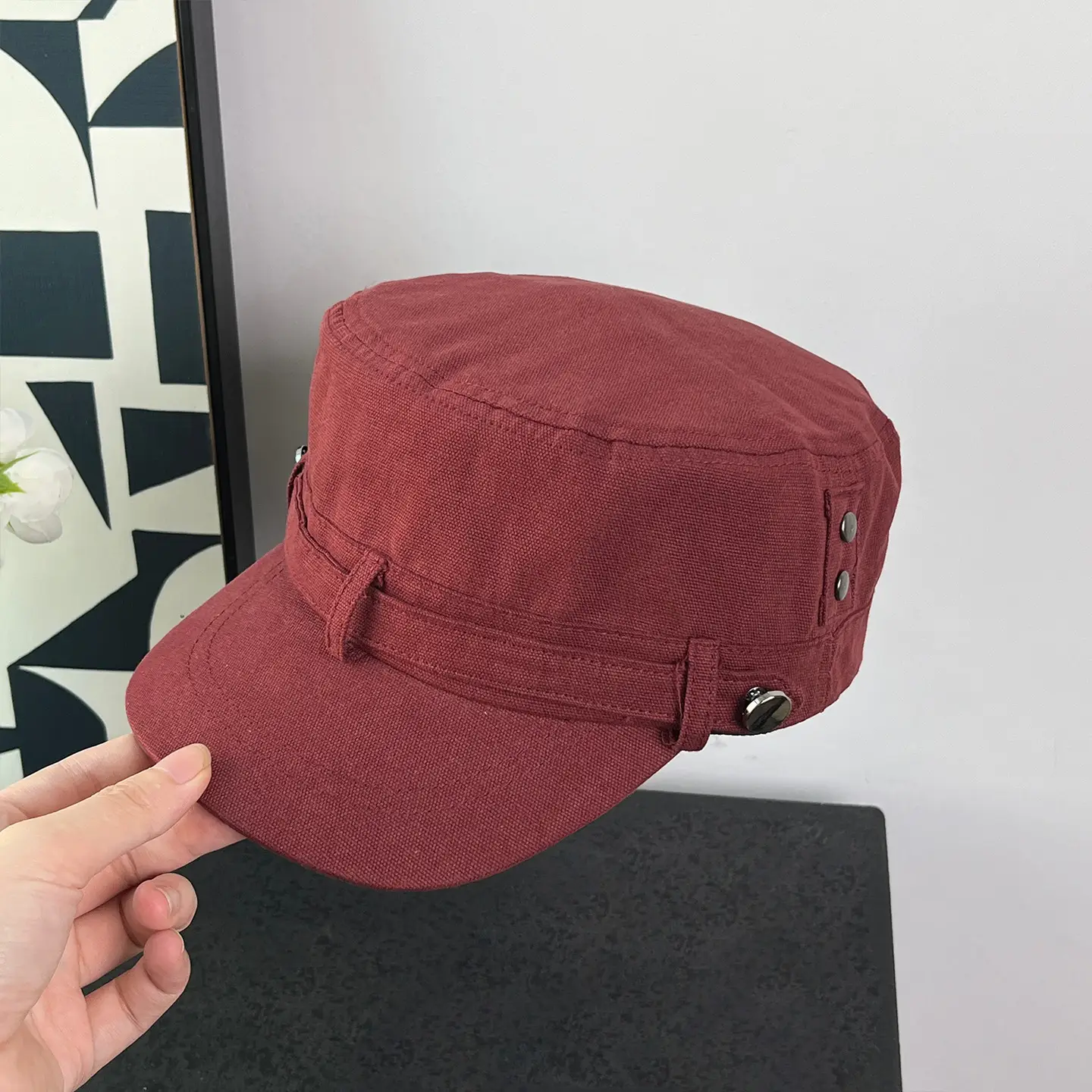 Black Korean Retro Rivet Flat Cap for Women - Image 3