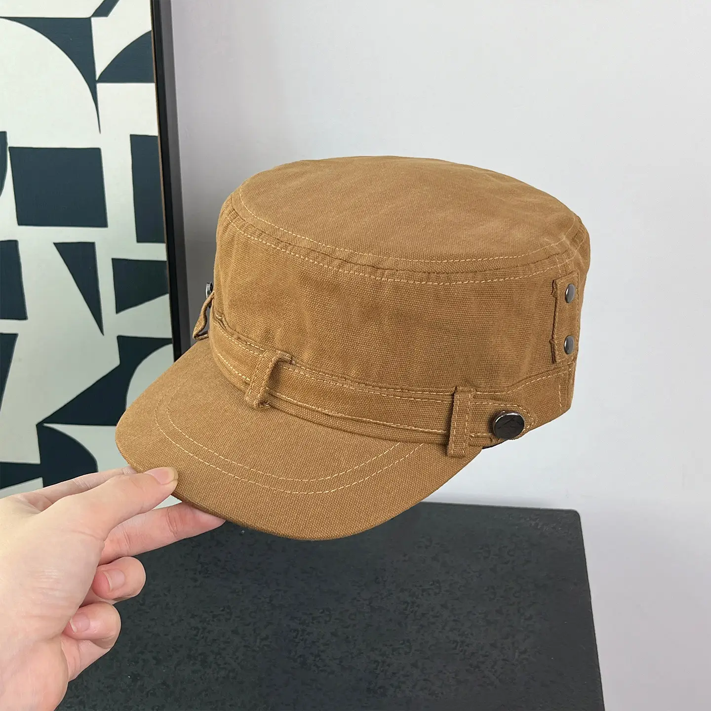 Black Korean Retro Rivet Flat Cap for Women - Image 4