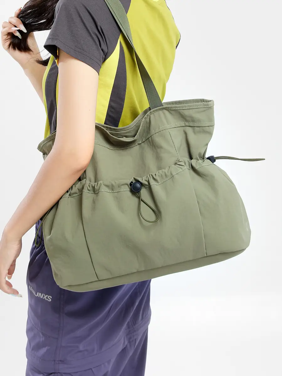 Women Large Capacity Tote Bag Olive Green Pleated Shoulder Bag - Image 7