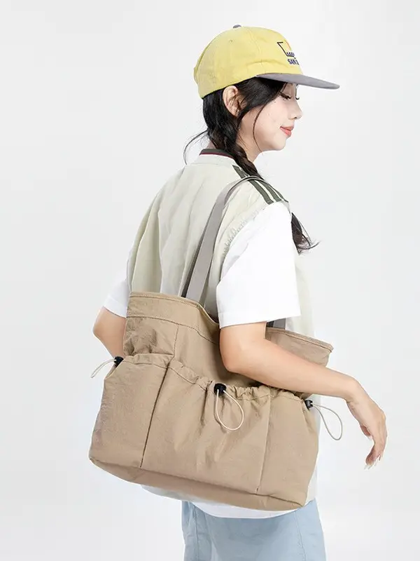 Women Large Capacity Tote Bag Olive Green Pleated Shoulder Bag - Image 8