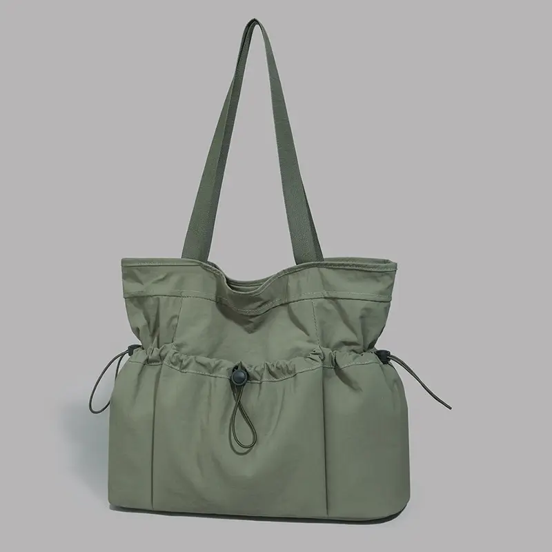 Women Large Capacity Tote Bag Olive Green Pleated Shoulder Bag - Image 3