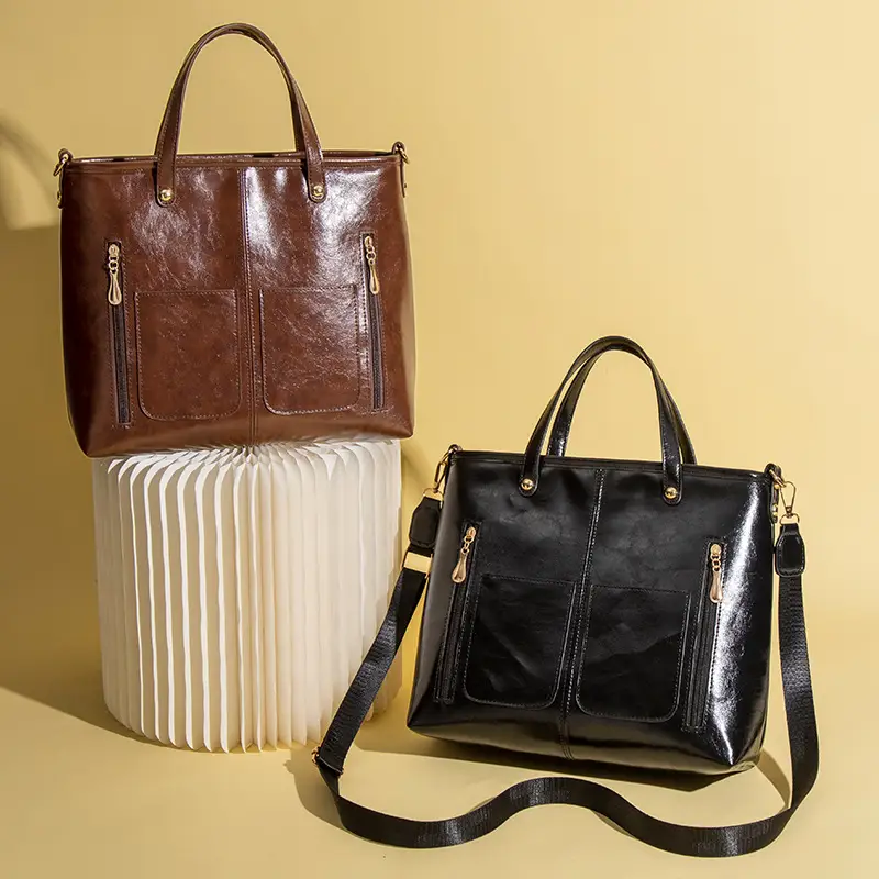 Women's Large Capacity Tote Bag Brown Black Leather - Image 4