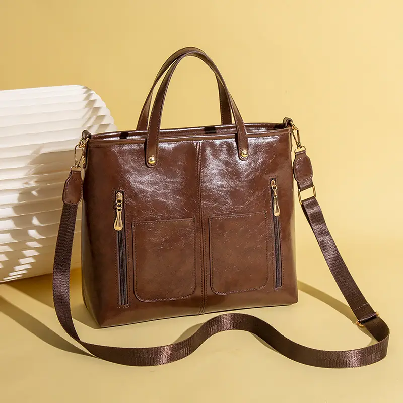 Women's Large Capacity Tote Bag Brown Black Leather - Image 2